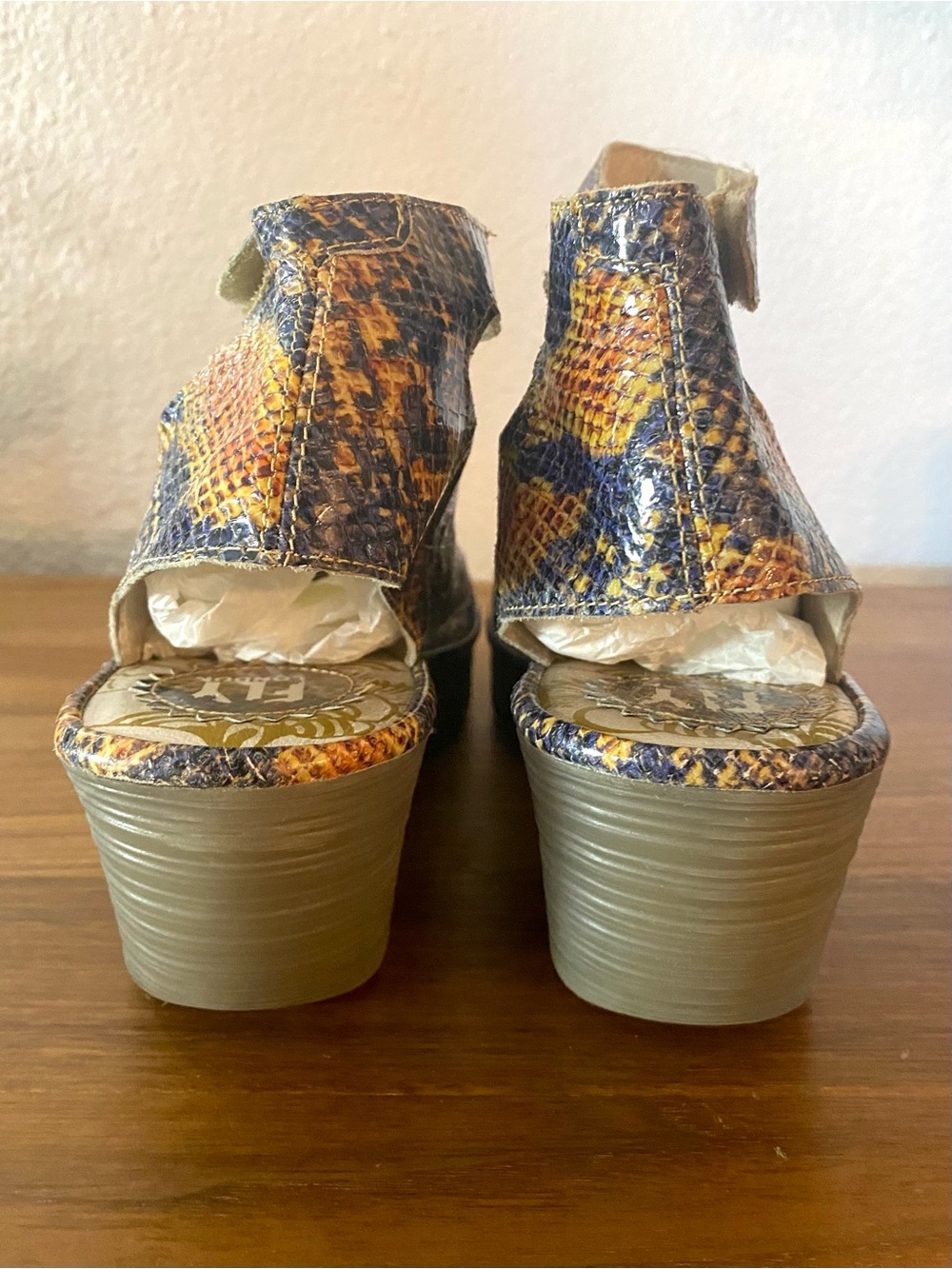 Fly London Yala Snakeskin Leather Wedge Heel Ankle Strap Sandals Charcoal Tan 10 - Picture 6 of 12